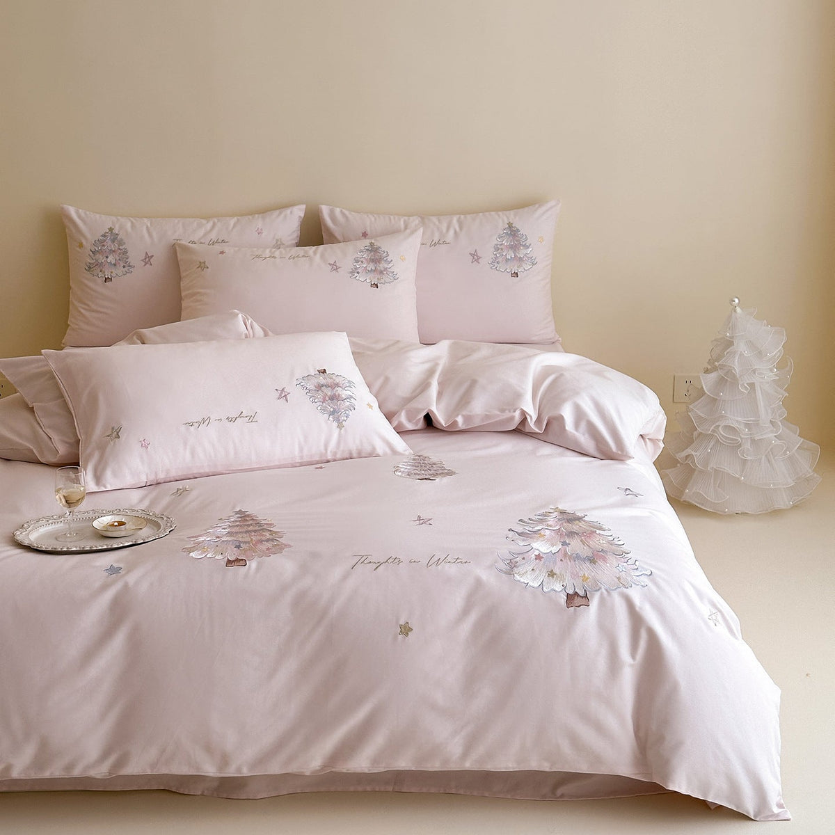 Delicate Cotton Sateen Bedding Set with Pastel Embroidered Christmas Tree Appliques
