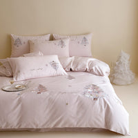 Delicate Cotton Sateen Bedding Set with Pastel Embroidered Christmas Tree Appliques
