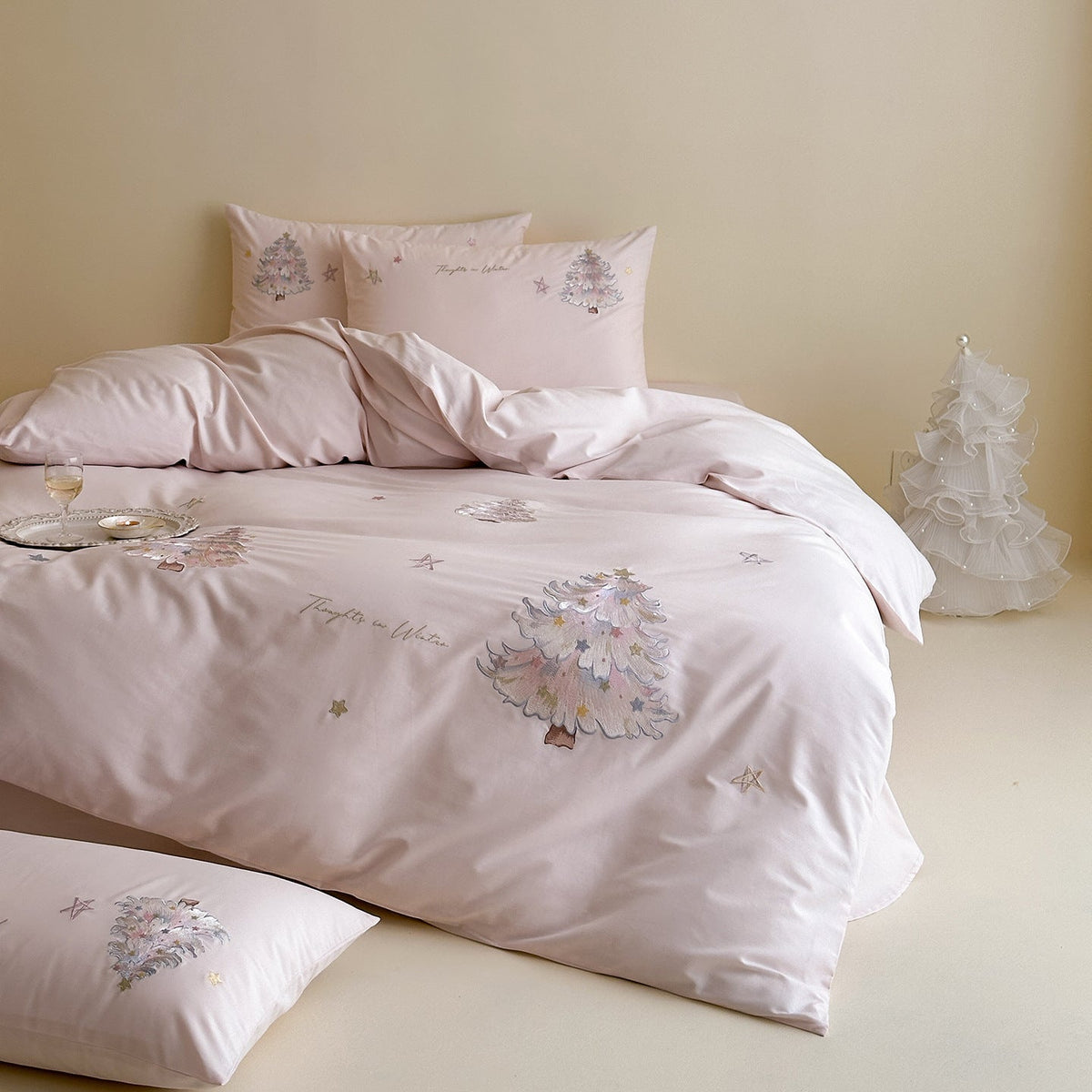Delicate Cotton Sateen Bedding Set with Pastel Embroidered Christmas Tree Appliques