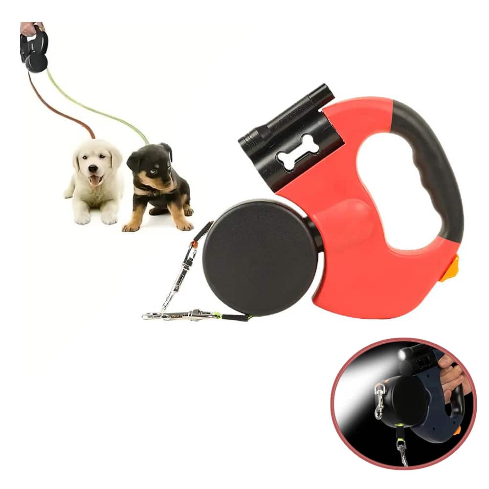 Double Dog Leash with Built-in LED Light and Dog Bag Holder