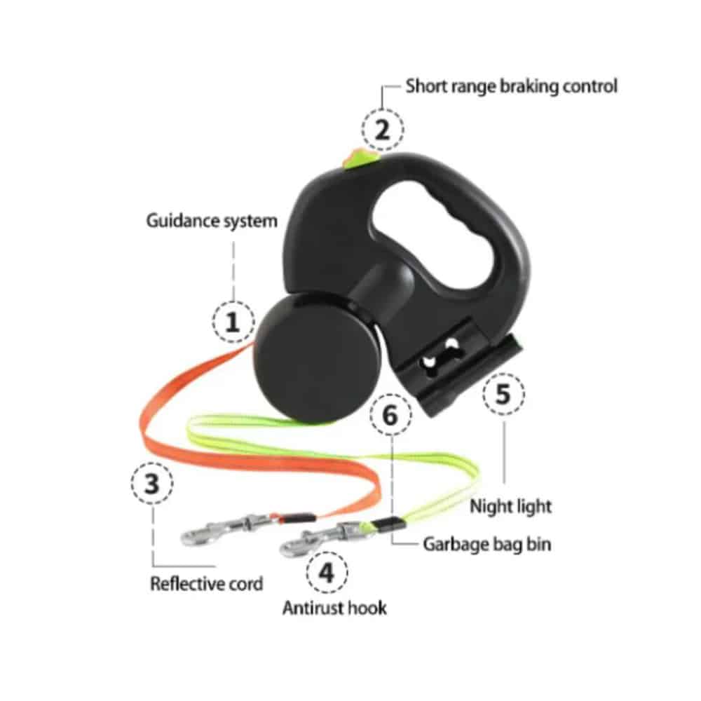 Double Dog Leash with Built-in LED Light and Dog Bag Holder