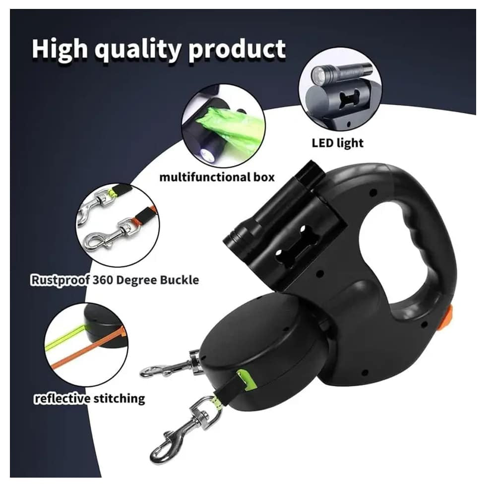 Double Dog Leash with Built-in LED Light and Dog Bag Holder
