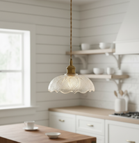Etched Glass Pendant Light - Brass Accents & Twisted Fabric Cord - Classic Style