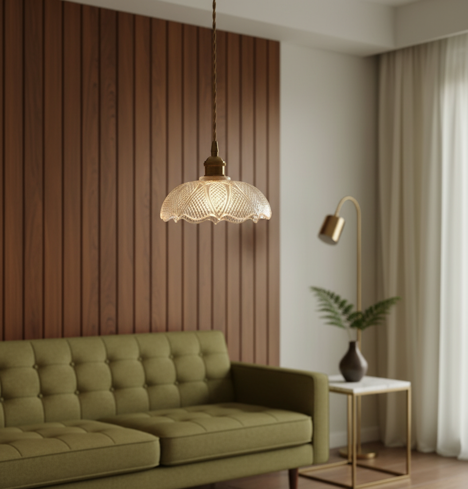 Etched Glass Pendant Light - Brass Accents & Twisted Fabric Cord - Classic Style - Image 3