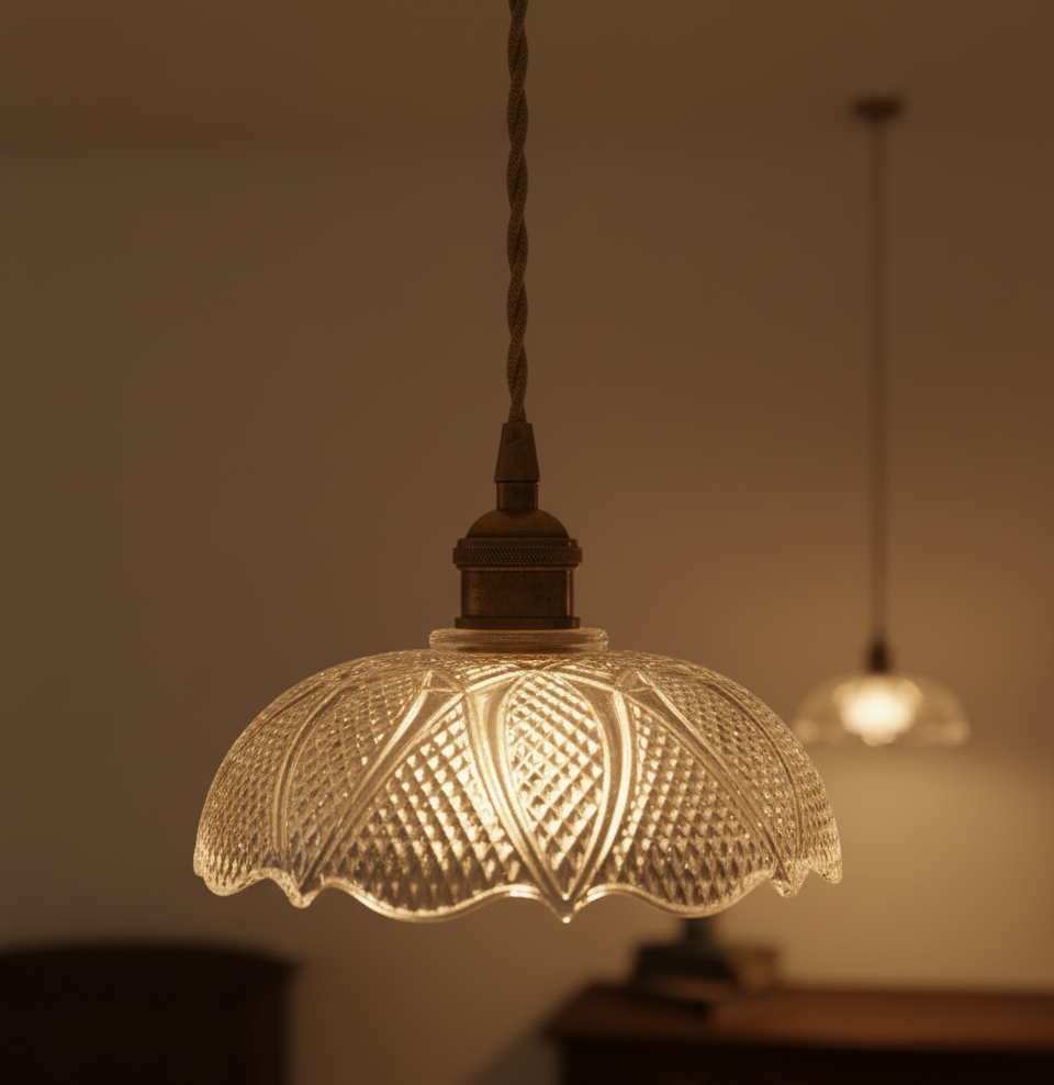 Etched Glass Pendant Light - Brass Accents & Twisted Fabric Cord - Classic Style - Image 4