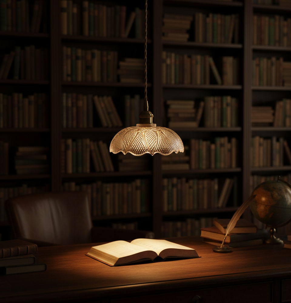 Etched Glass Pendant Light - Brass Accents & Twisted Fabric Cord - Classic Style - Image 5