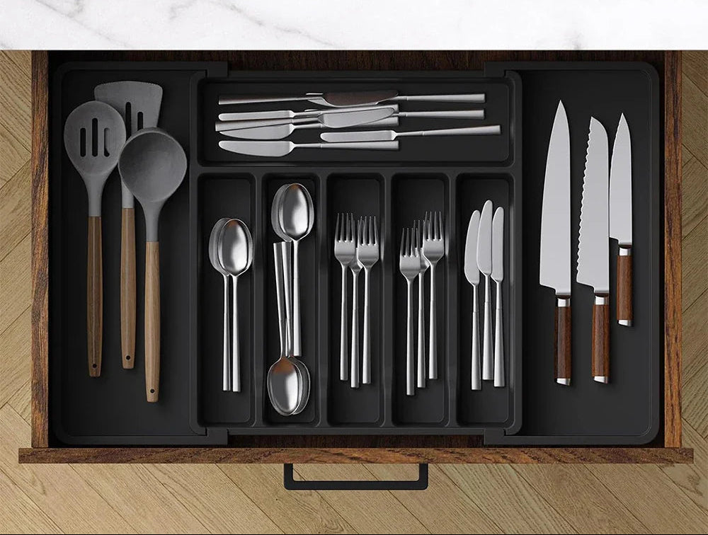 Expandable Cutlery Drawer Organizer with Adjustable Width – Dedicated Compartments for Forks, Knives, and Spoons