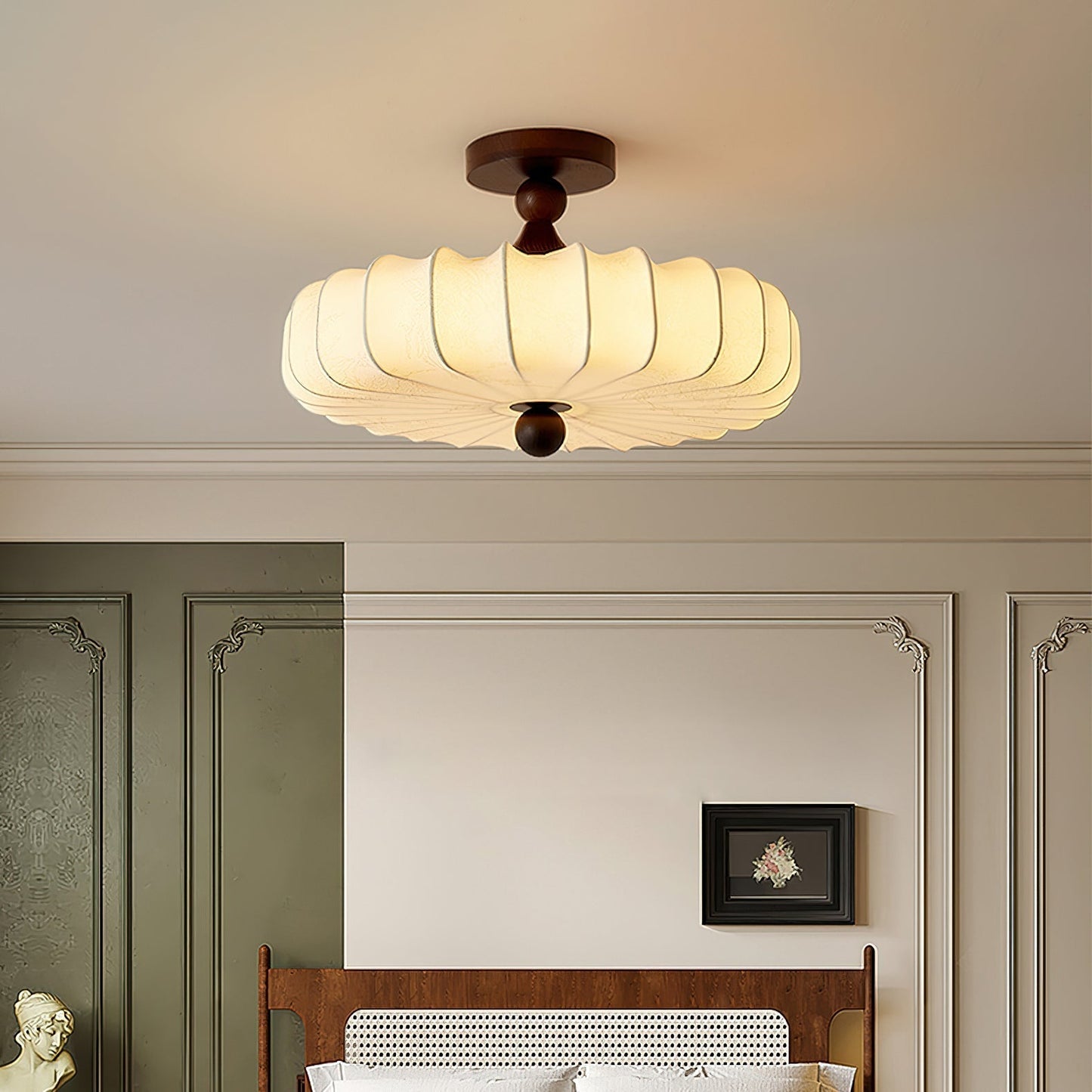 Fabric Ceiling Light - Wood Accent - Japandi Style - Flush Mount Lighting for Bedroom - Image 3