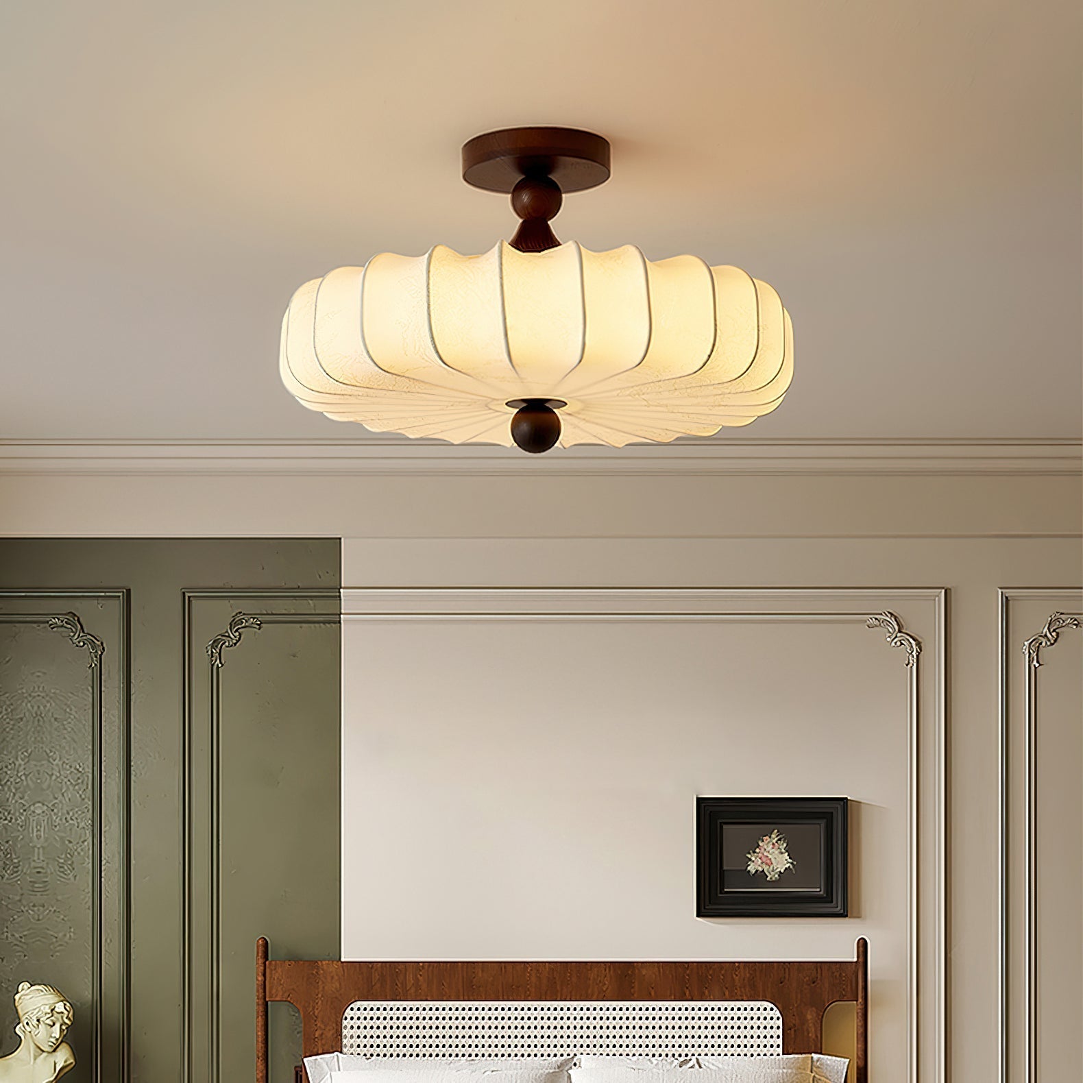 Fabric Ceiling Light - Wood Accent - Japandi Style - Flush Mount Lighting for Bedroom - Image 3