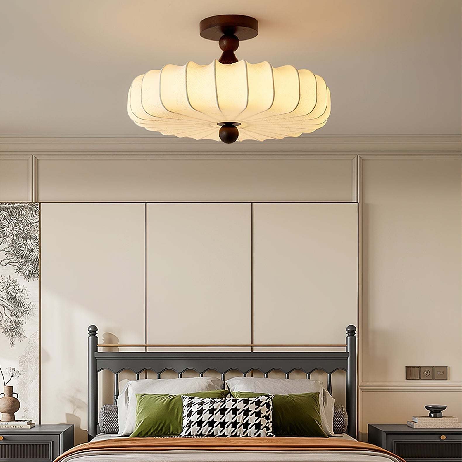 Fabric Ceiling Light - Wood Accent - Japandi Style - Flush Mount Lighting for Bedroom - Image 4