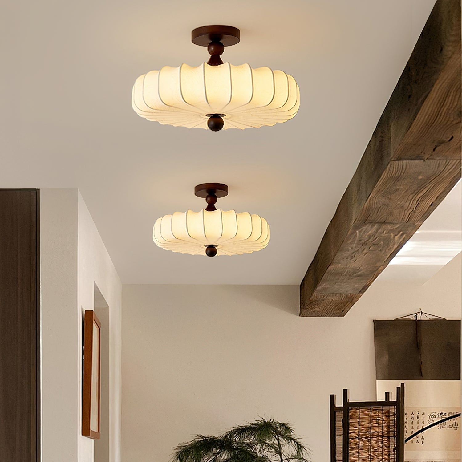 Fabric Ceiling Light - Wood Accent - Japandi Style - Flush Mount Lighting for Bedroom - Image 5