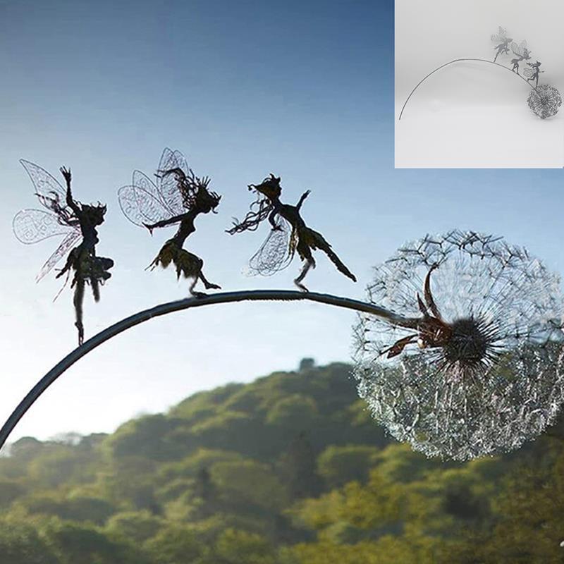 Fairies and Dandelion Dancing Together Outdoor Garden Sculpture