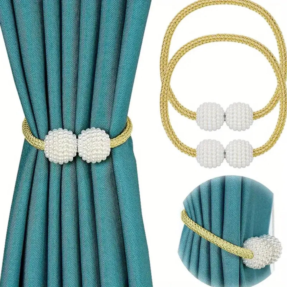 Faux Pearl Curtain Tie Backs - Braided Rope - Decorative Window Accessories - 2-Piece Set - Image 2