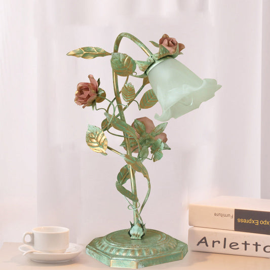 Floral Accent Table Lamp - Green Metal with Flower Decoration - Cottagecore Style - Image 1