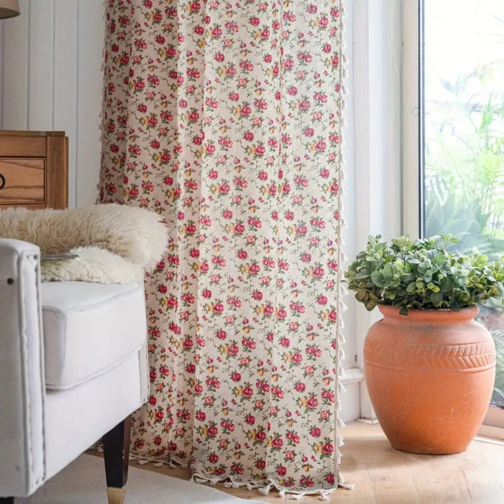 Floral Curtain - Cotton Polyester Blend - Tasseled - Semi-Sheer Window Treatment - Image 2