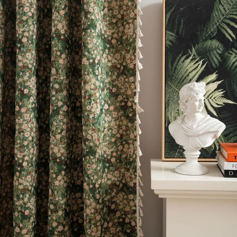 Floral Curtain Panel - Vintage Style - Microfiber Blend with Tassel Fringe - Image 1