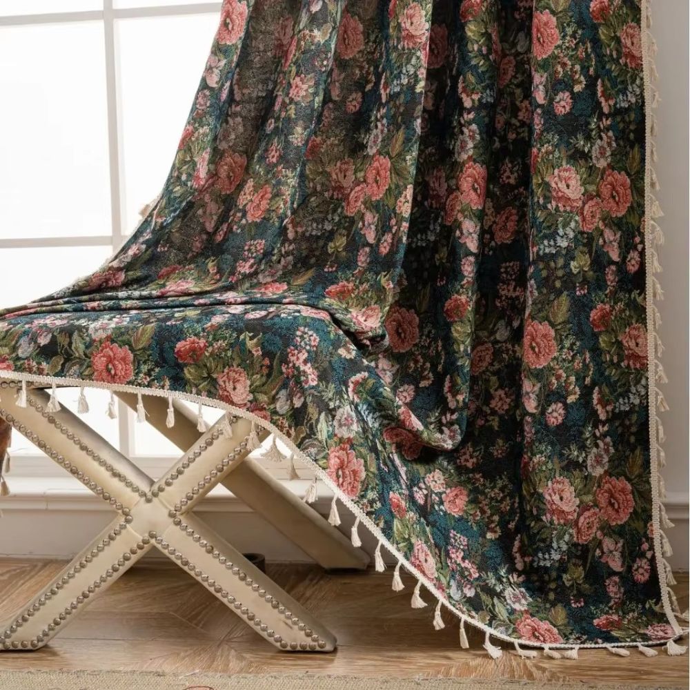 Floral Curtain Panel - Vintage Style - Microfiber Blend with Tassel Fringe - Image 2