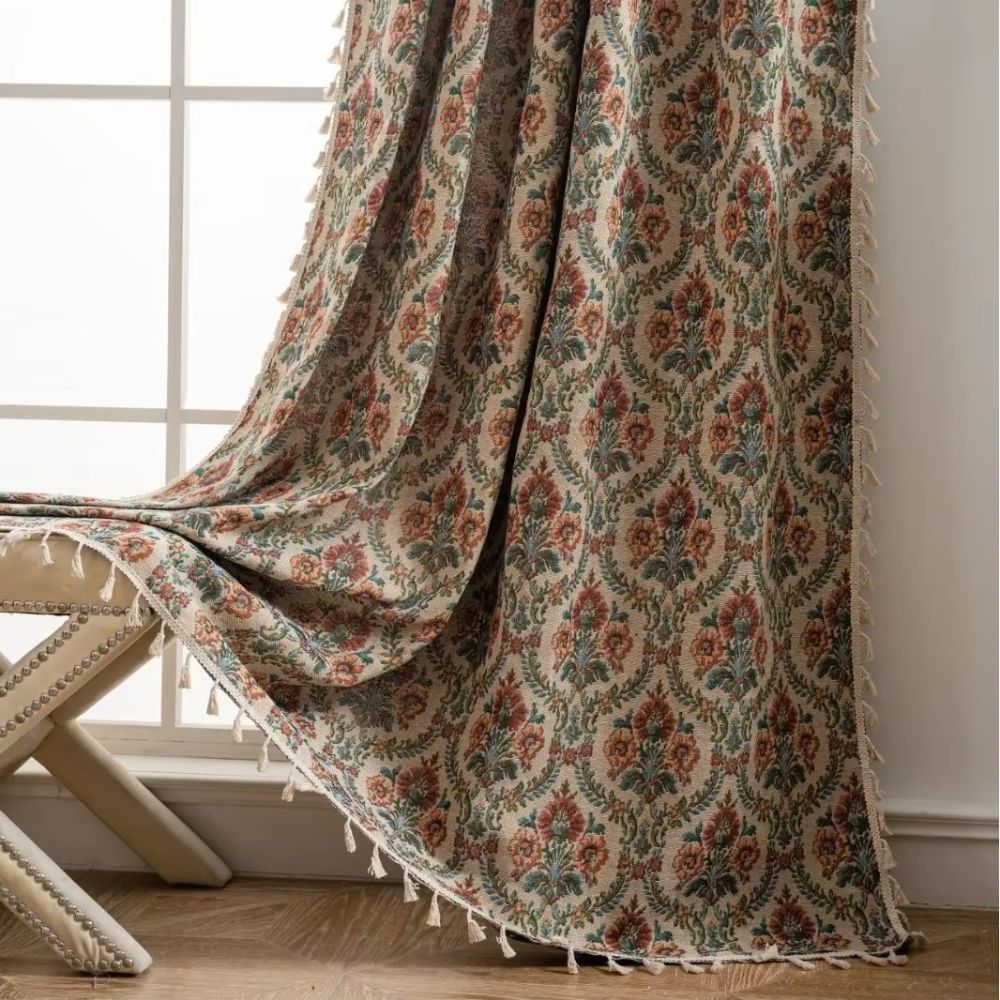 Floral Curtain Panel - Vintage Style - Microfiber Blend with Tassel Fringe - Image 3
