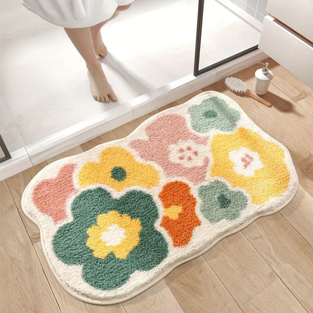 Floral Design Bath Mat - Tufted Microfiber - Absorbent - Stylish Bathroom Rug - Image 1