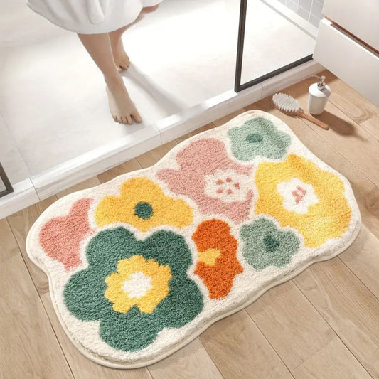 Floral Design Bath Mat - Tufted Microfiber - Absorbent - Stylish Bathroom Rug - Image 1