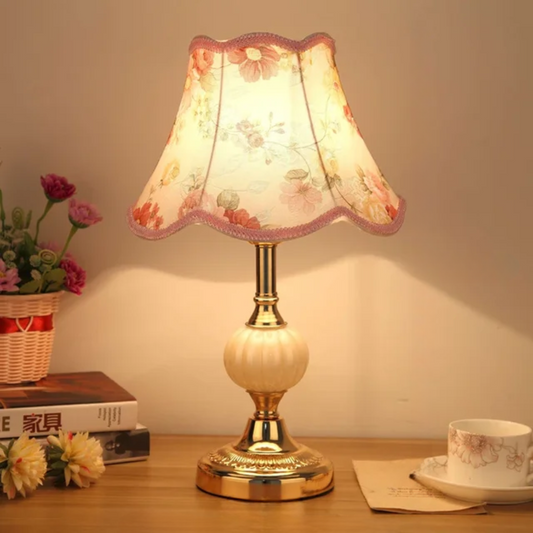 Floral Fabric Table Lamp - Glass Base - Vintage Style - Bedroom Living Room Lamp - Image 1