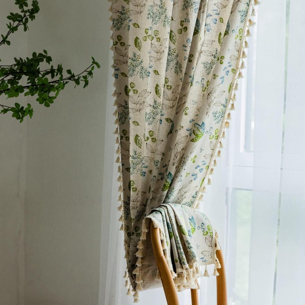 Floral Linen Blend Curtains - Tassel Trim - Botanical Print - Light Filtering - Image 1