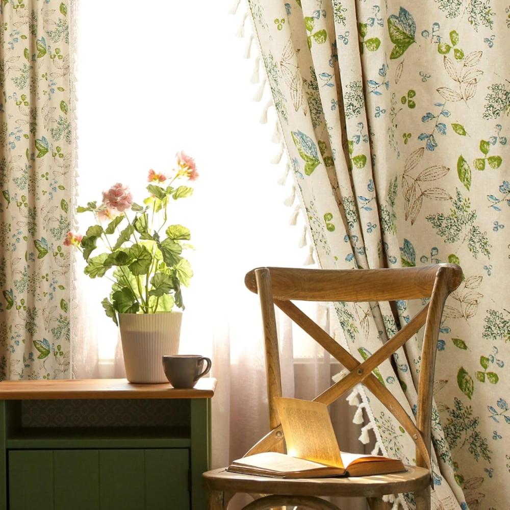 Floral Linen Blend Curtains - Tassel Trim - Botanical Print - Light Filtering - Image 2