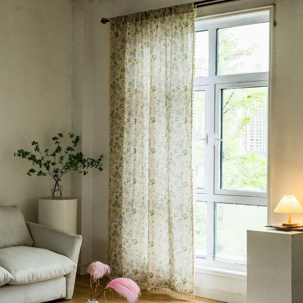 Floral Linen Blend Curtains - Tassel Trim - Botanical Print - Light Filtering - Image 3