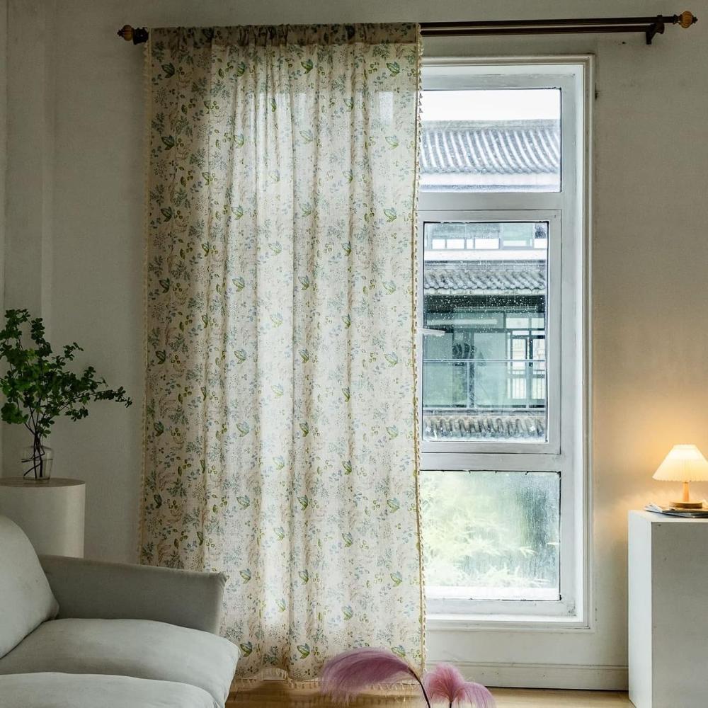 Floral Linen Blend Curtains - Tassel Trim - Botanical Print - Light Filtering - Image 5