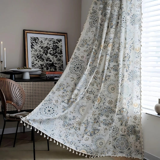 Floral Medallion Tassel Curtain - Polyester Fabric - Boho Chic Window Treatment - Image 1