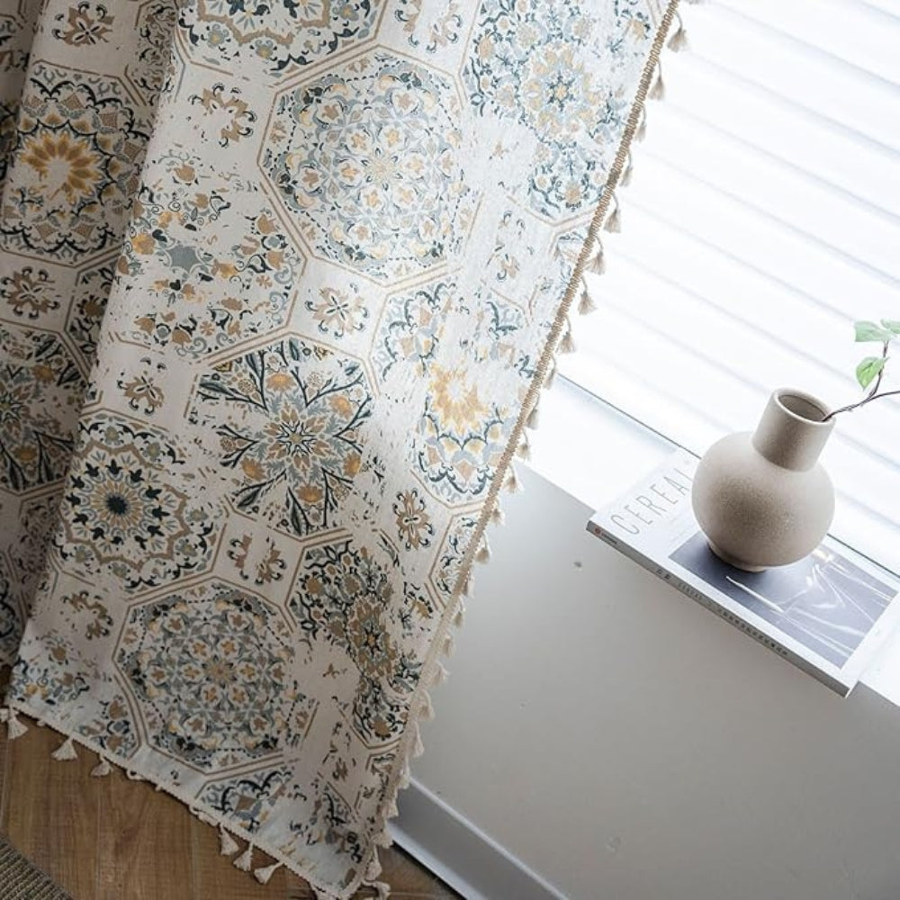 Floral Medallion Tassel Curtain - Polyester Fabric - Boho Chic Window Treatment - Image 2