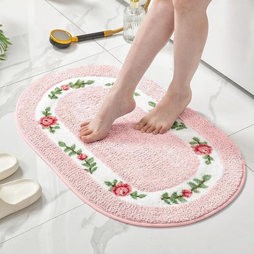 Floral Oval Bath Mat - Plush Microfibre Rug - Elegant Style - Image 1