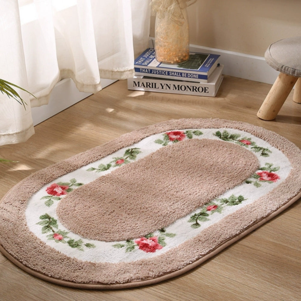 Floral Oval Bath Mat - Plush Microfibre Rug - Elegant Style - Image 2