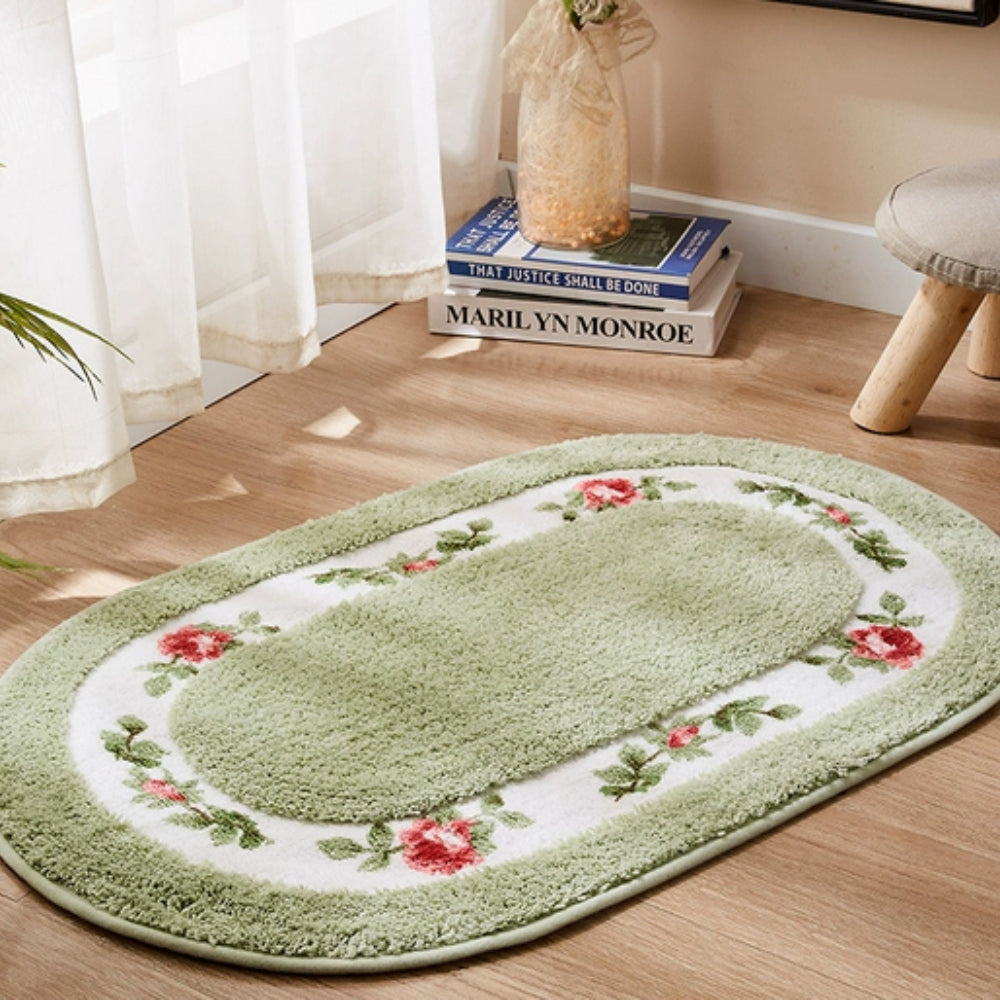 Floral Oval Bath Mat - Plush Microfibre Rug - Elegant Style - Image 4