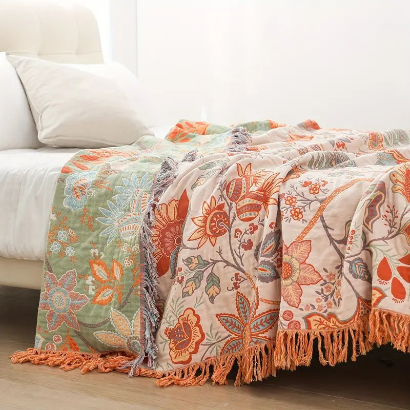 Floral Print Throw Blanket - Boho Style Cotton Blend - Decorative & Comfortable - Image 2