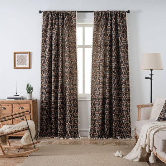 Floral Weave Tassel Curtain - Decorative Window Panel - Elegant Fabric Drape - Image 1