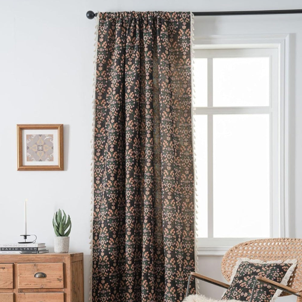 Floral Weave Tassel Curtain - Decorative Window Panel - Elegant Fabric Drape - Image 3