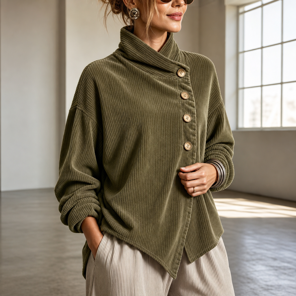 Funnel Collar Asymmetric Button Corduroy Top