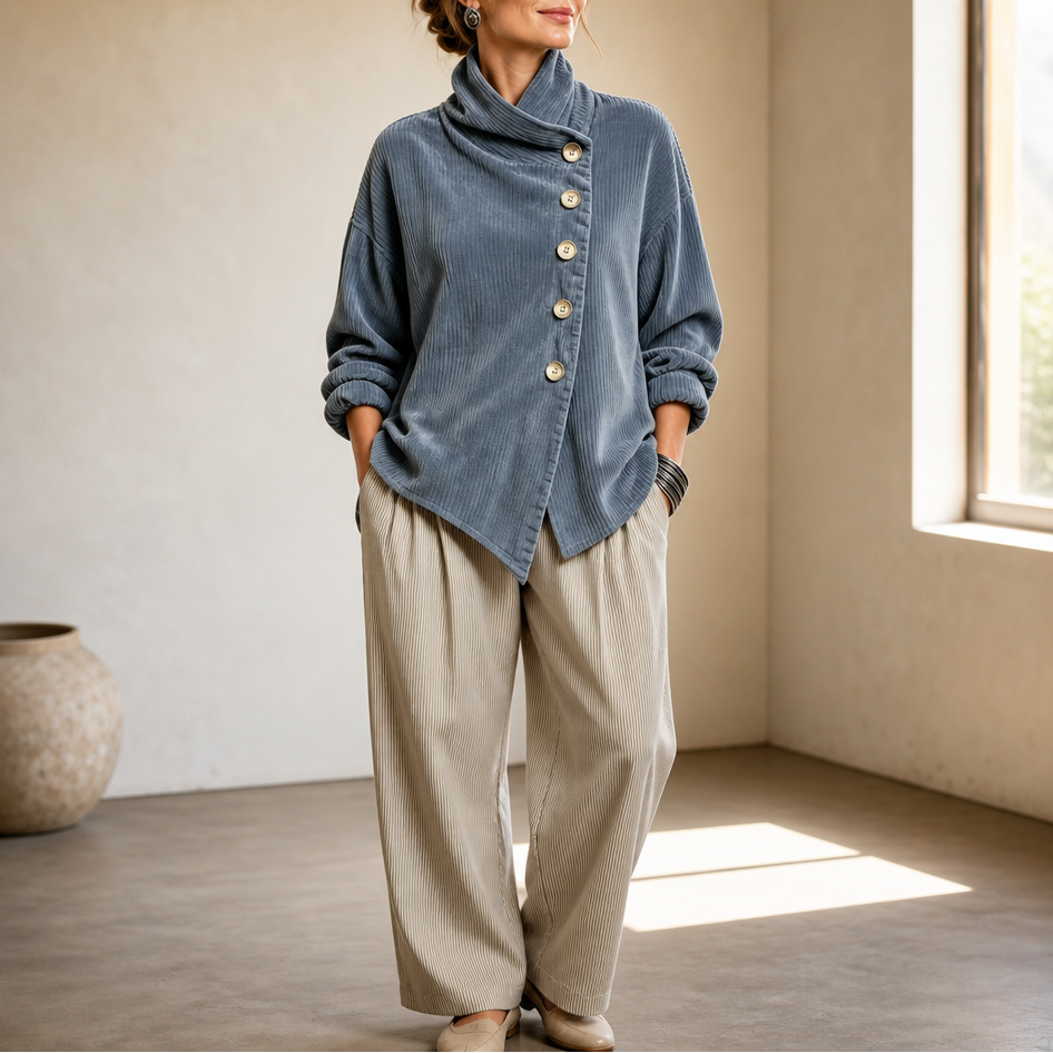 Funnel Collar Asymmetric Button Corduroy Top