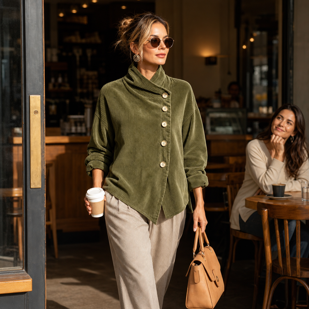 Funnel Collar Asymmetric Button Corduroy Top