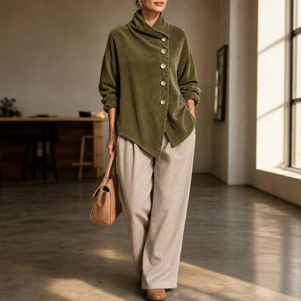 Funnel Collar Asymmetric Button Corduroy Top