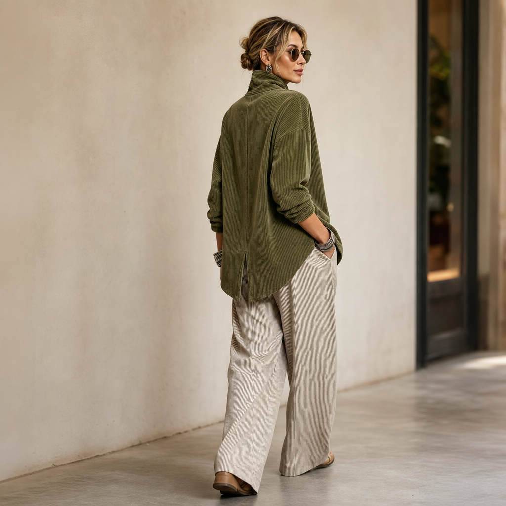 Funnel Collar Asymmetric Button Corduroy Top