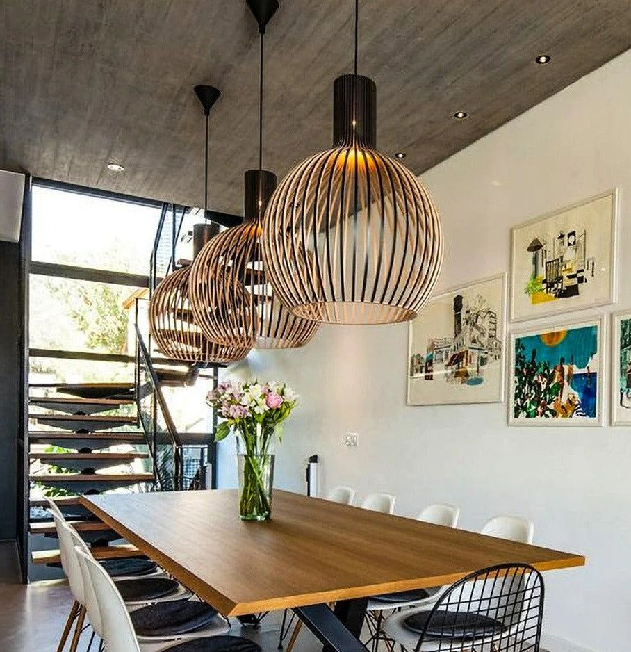 Geometric Pendant Light - Wood Finish - Contemporary Style Ceiling Lamp - Image 5