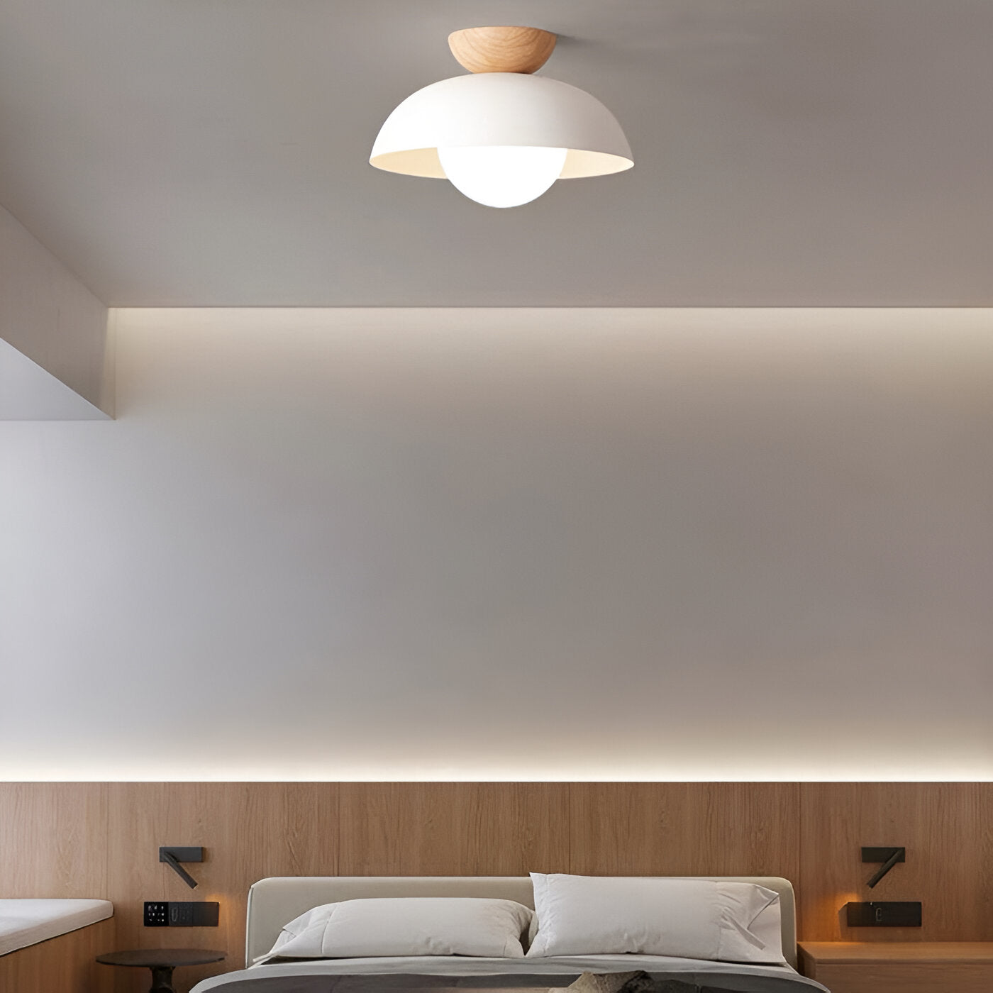 Glass Dome Ceiling Light - Iron and Wood Fixture - Modern Minimalist Style - Image 2