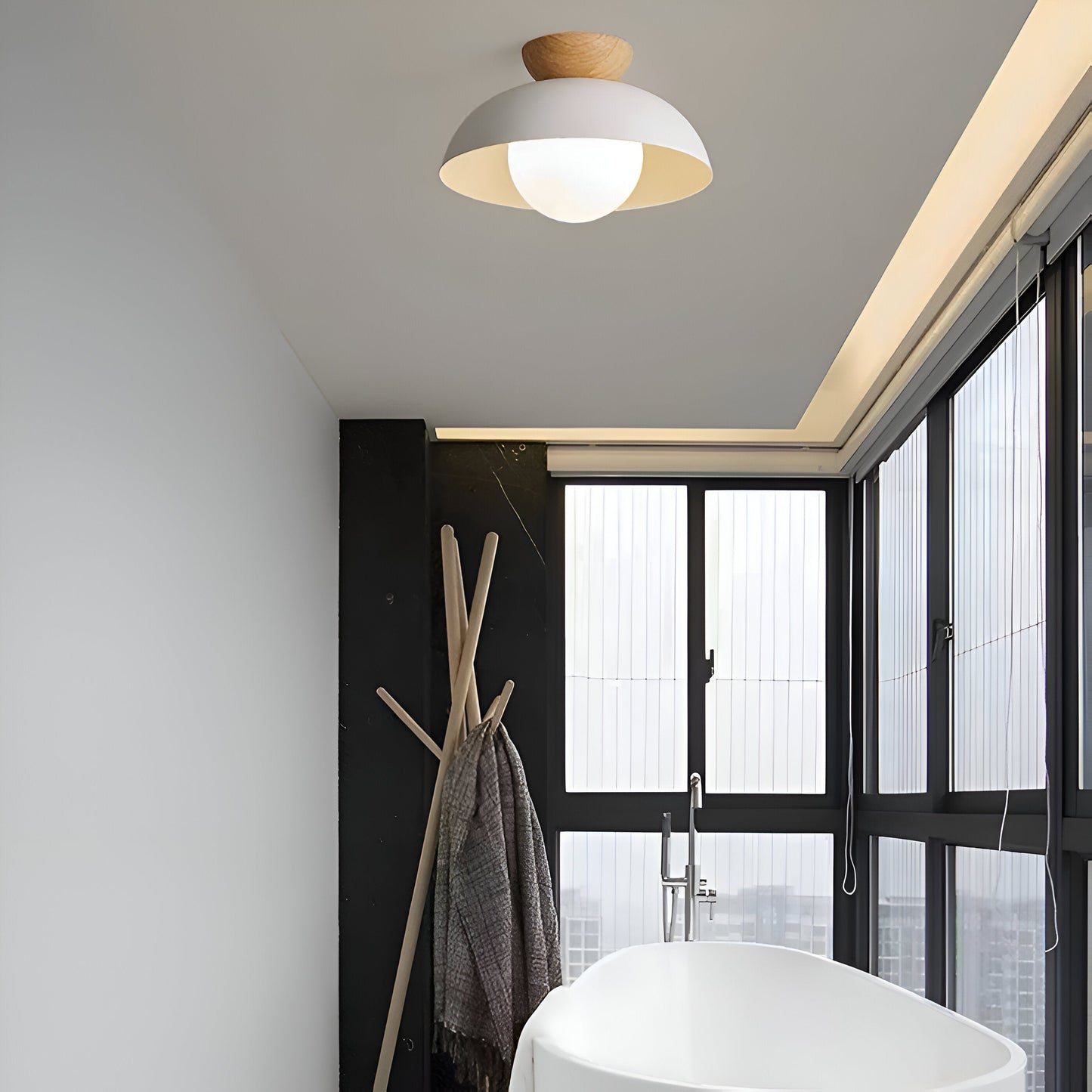 Glass Dome Ceiling Light - Iron and Wood Fixture - Modern Minimalist Style - Image 3