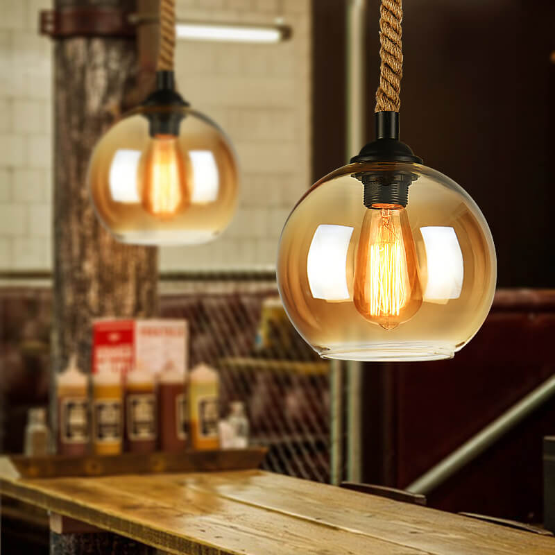 Glass Globe Pendant Light - Rope Hanging Lamp - Industrial Style - Image 1
