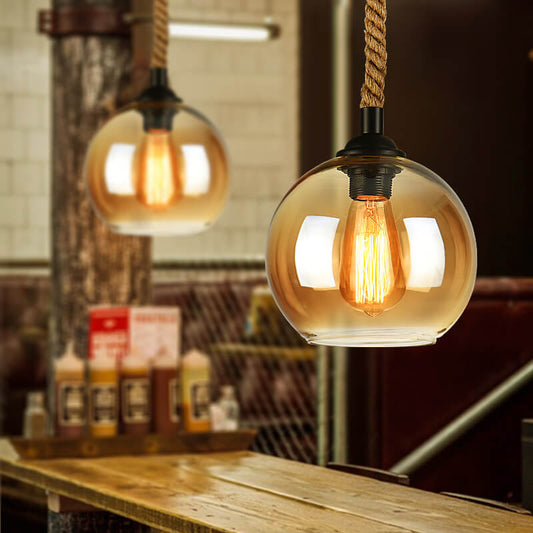 Glass Globe Pendant Light - Rope Hanging Lamp - Industrial Style - Image 1