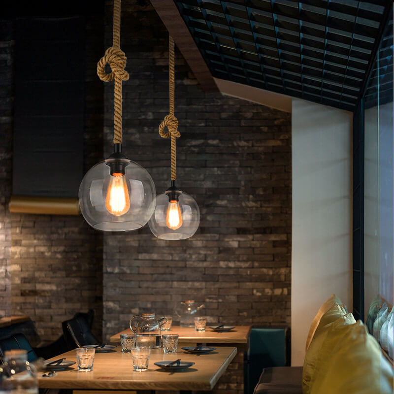 Glass Globe Pendant Light - Rope Hanging Lamp - Industrial Style - Image 3