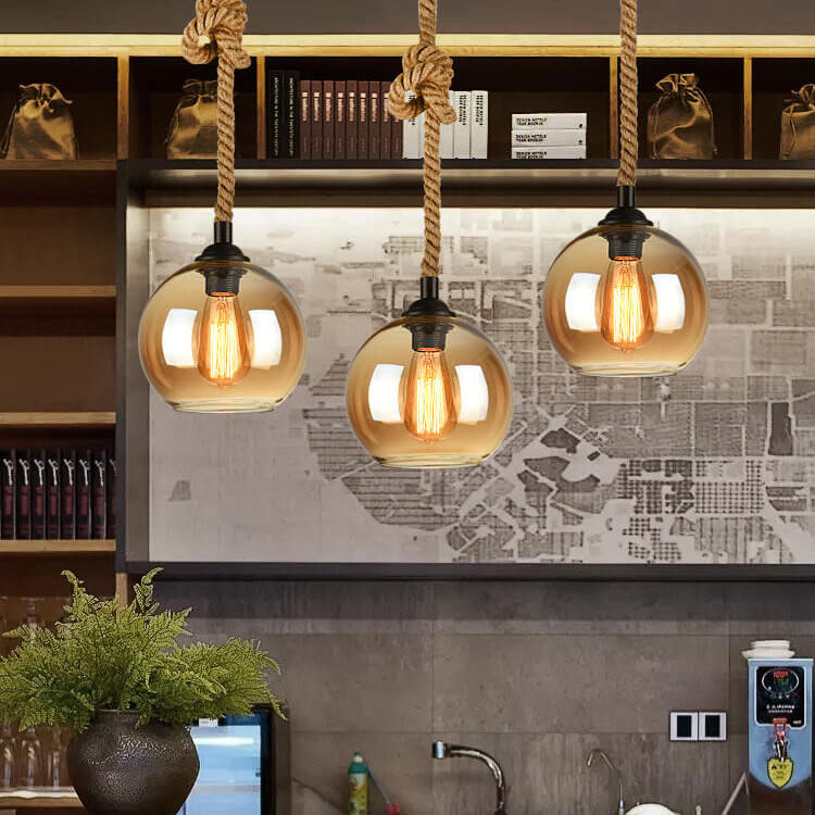 Glass Globe Pendant Light - Rope Hanging Lamp - Industrial Style - Image 4
