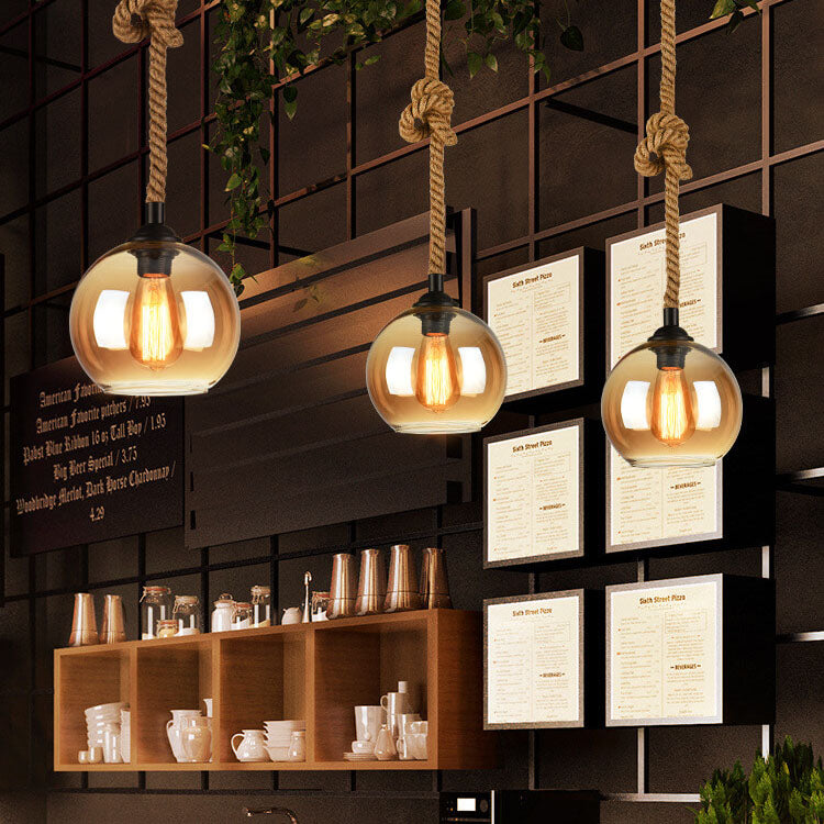 Glass Globe Pendant Light - Rope Hanging Lamp - Industrial Style - Image 5